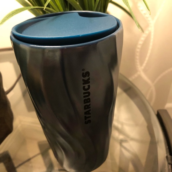 NEW STARBUCKS 2021 METALLIC BLUE SILVER SWIRL CERAMIC DOUBLE WALL TUMBLER 12oz - Picture 4 of 8